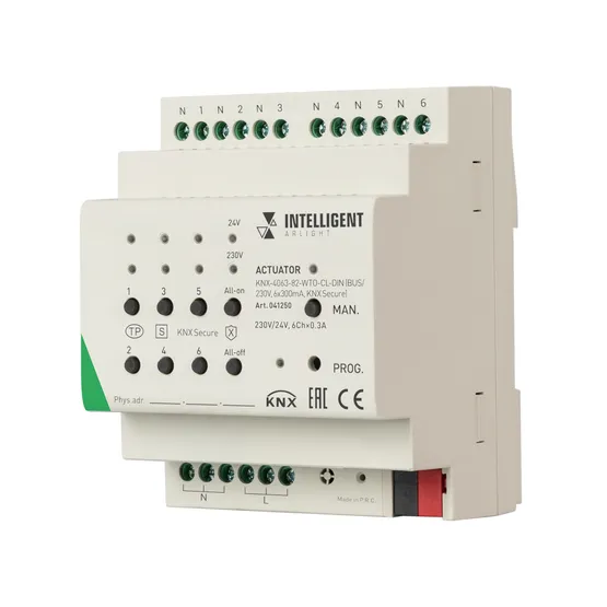 Фото товара INTELLIGENT ARLIGHT Актуатор KNX-4063-82-WTO-CL-DIN (BUS/230V, 6x300mA, KNX Secure) (IARL, IP20 Пластик, 2 года)